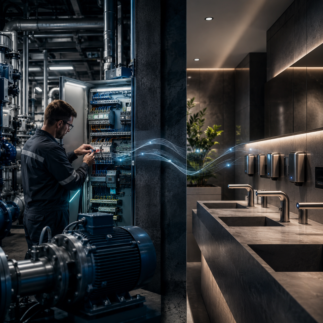 Vektron motor control panel installation alongside a STERN touch-free bathroom, connected by a blue data stream